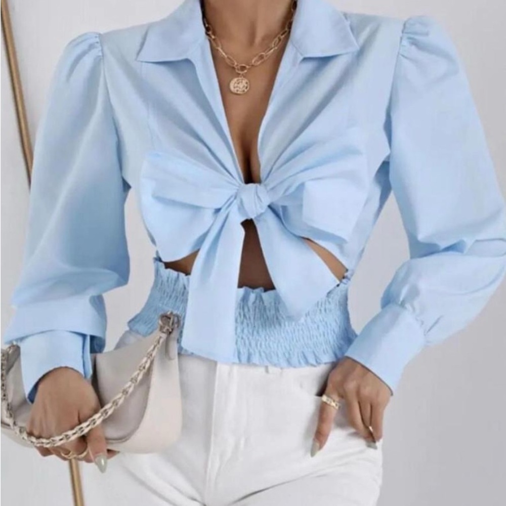 Bow-Tie Crop Blouse in Light Blue